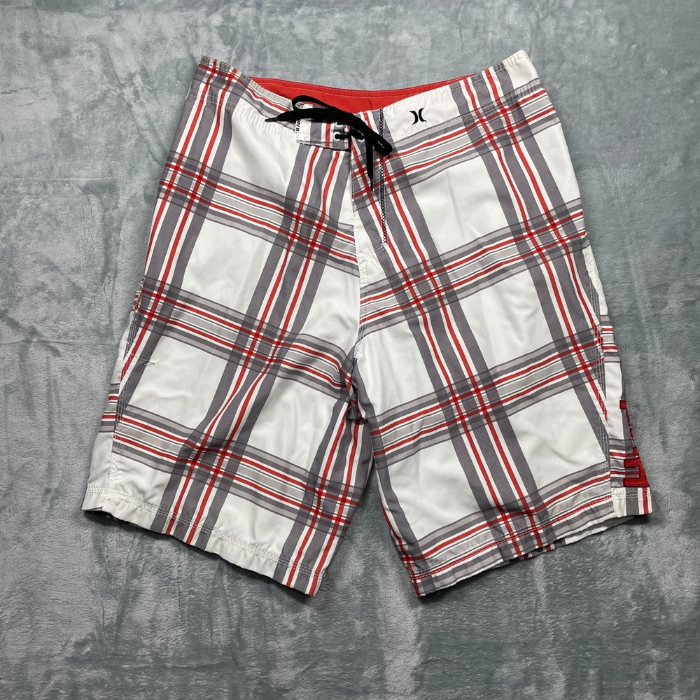 Hurley Plaid Board Shorts Men's Size 33 White Red Gray Swim Trunks